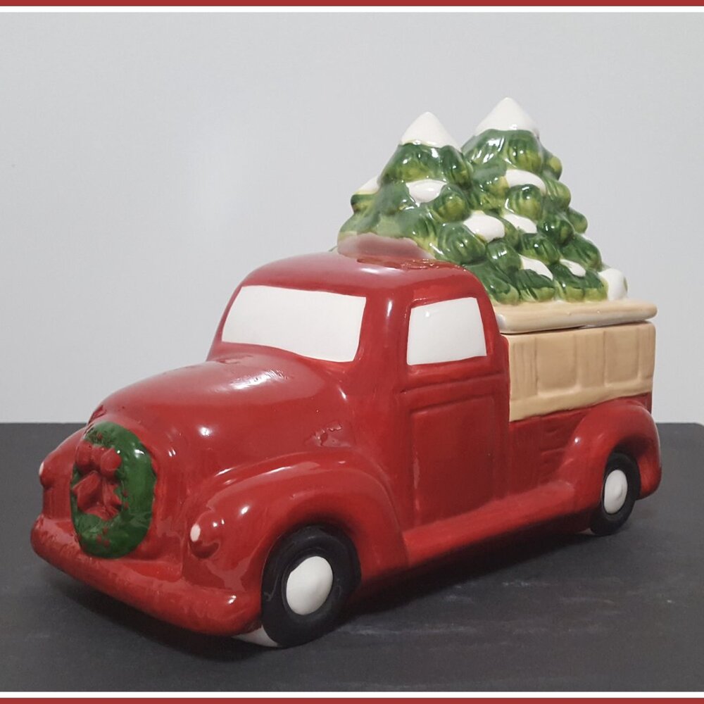NEW Winter Wonderland Red Truck with Christmas Tree Ceramic Cookie Jar 11" l x 6